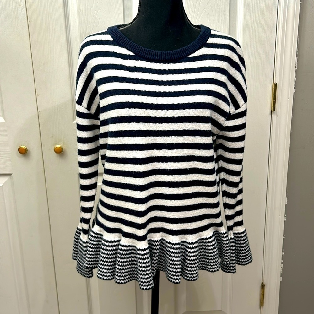 Loft sweater. Ruffles. Navy blue and white stripped. Size S.